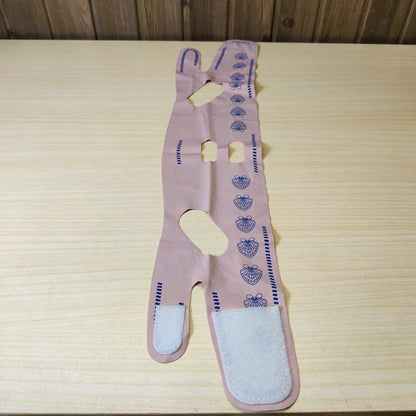 face lifting strap designed to act as a double chin reducer, commonly sold in pink or purple fabric.#4884