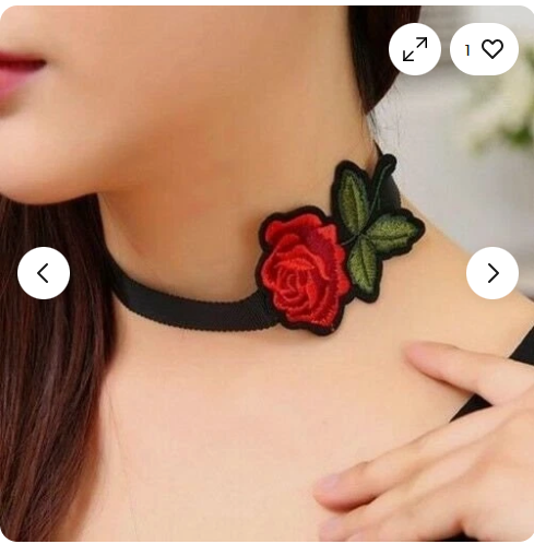 Black ribbon choker necklace features a prominent embroidered red rose patch and an adjustable silver-tone #6873