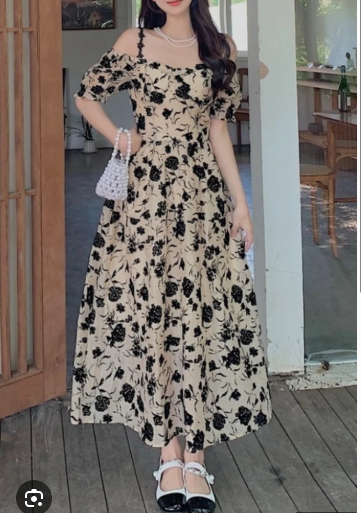 Black Floral Vintage Off Shoulder Midi Dress#9085
